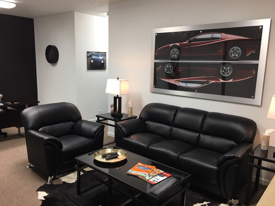 Ride and Joy Tint customer waiting lounge in Parker, Colorado
